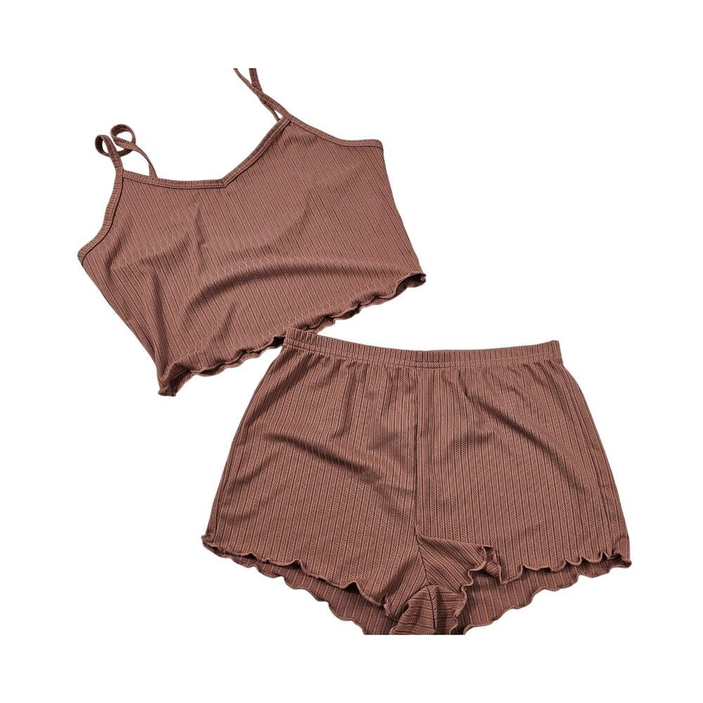 NWOT lettuce trimmed ribbed rose pink 2 peice cropped pajama short set lounge S